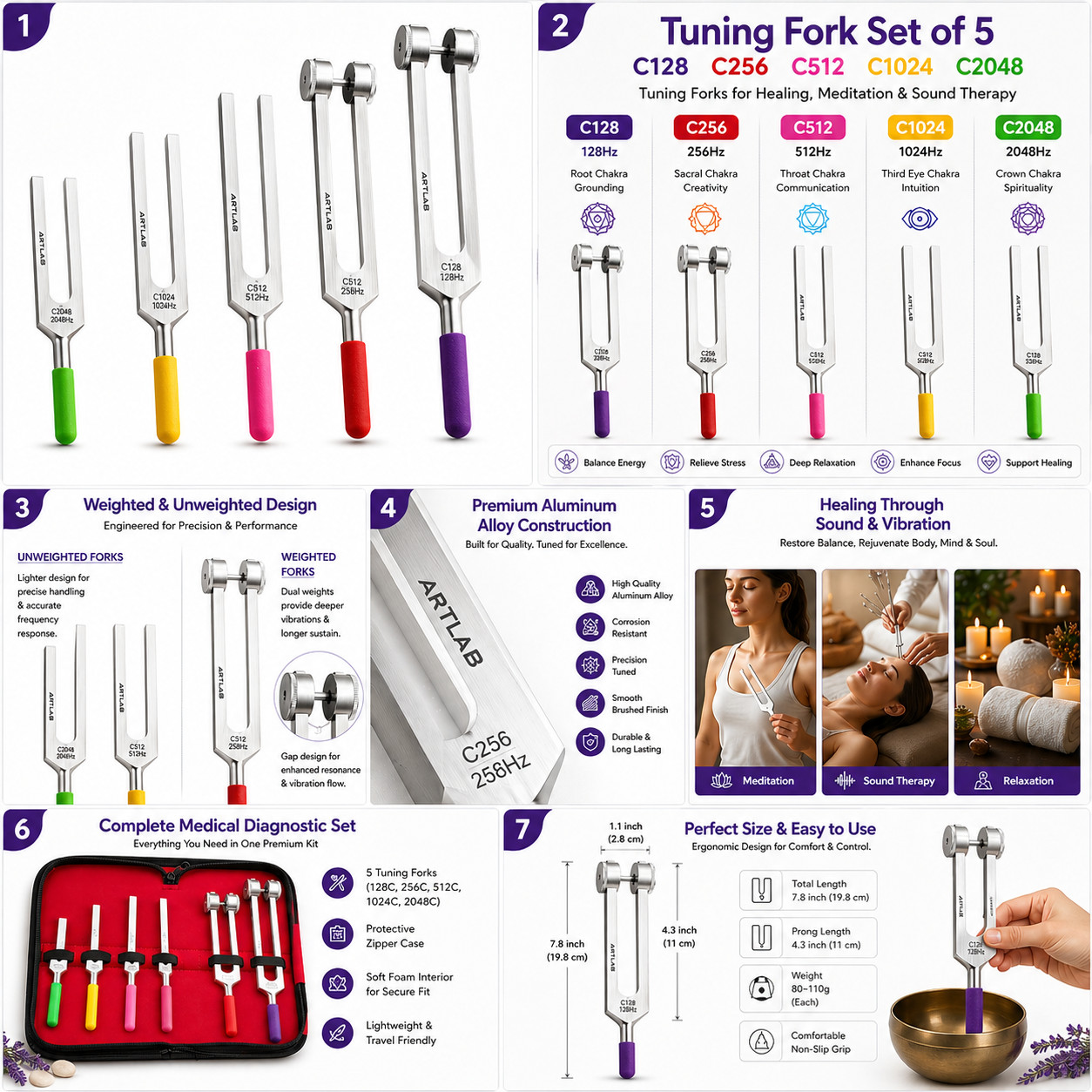 PREMIUM 6 Tuning Fork Set Medical Surgical Chiropractic Physical Diagnostic SET