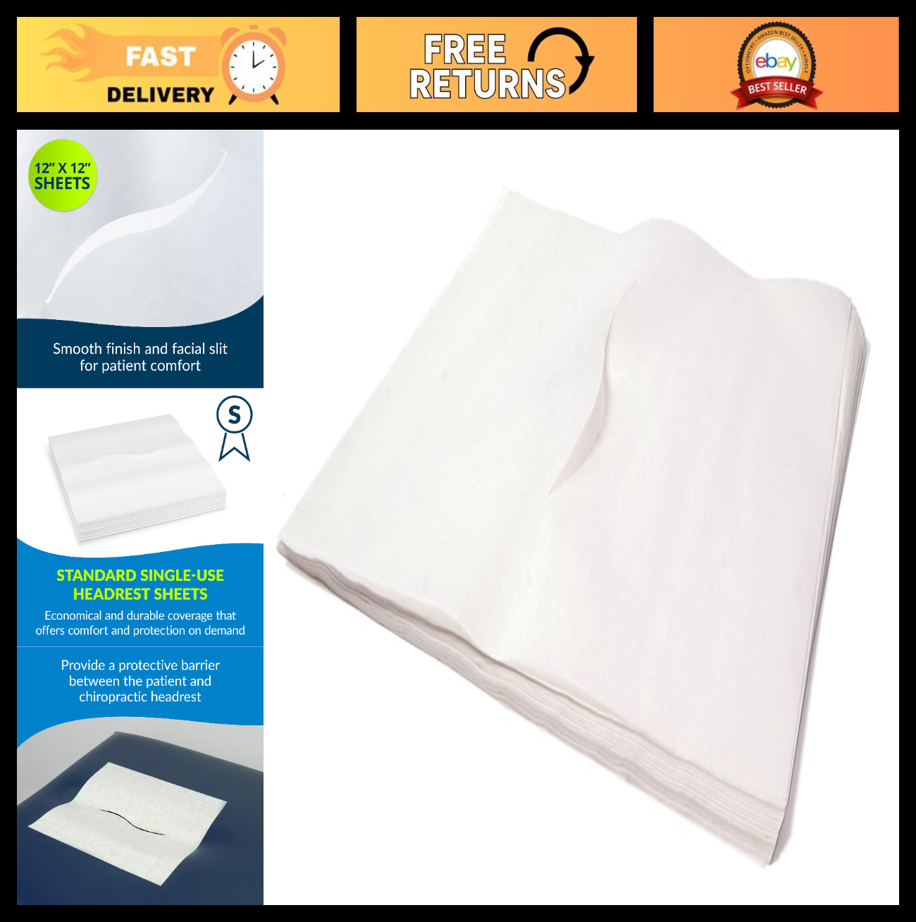 Chiropractic Headrest Paper Sheets with Slit, Smooth Finish, 12″ x 12′, Pack of