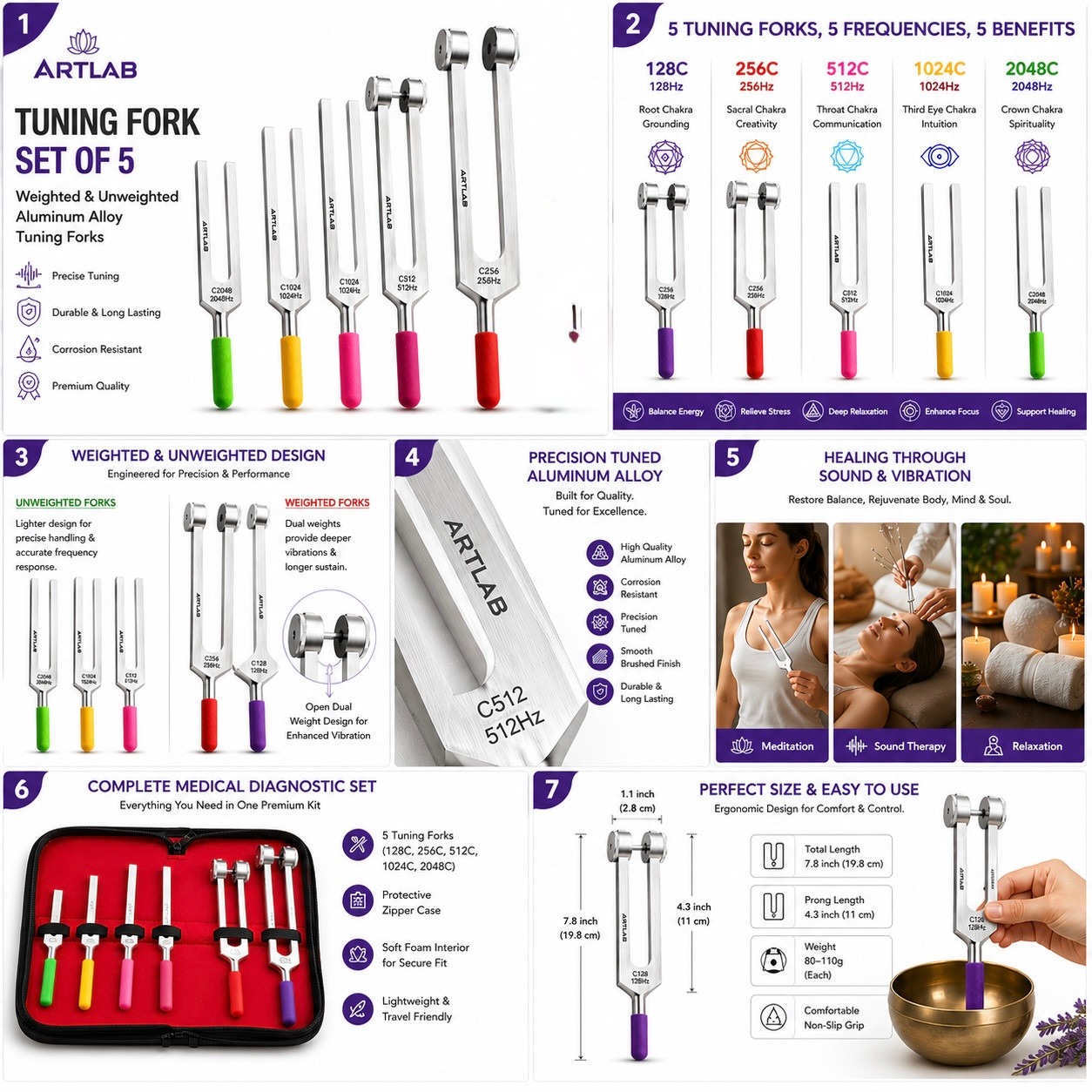 PREMIUM 6 Tuning Fork Set Medical Surgical Chiropractic Physical Diagnostic SET