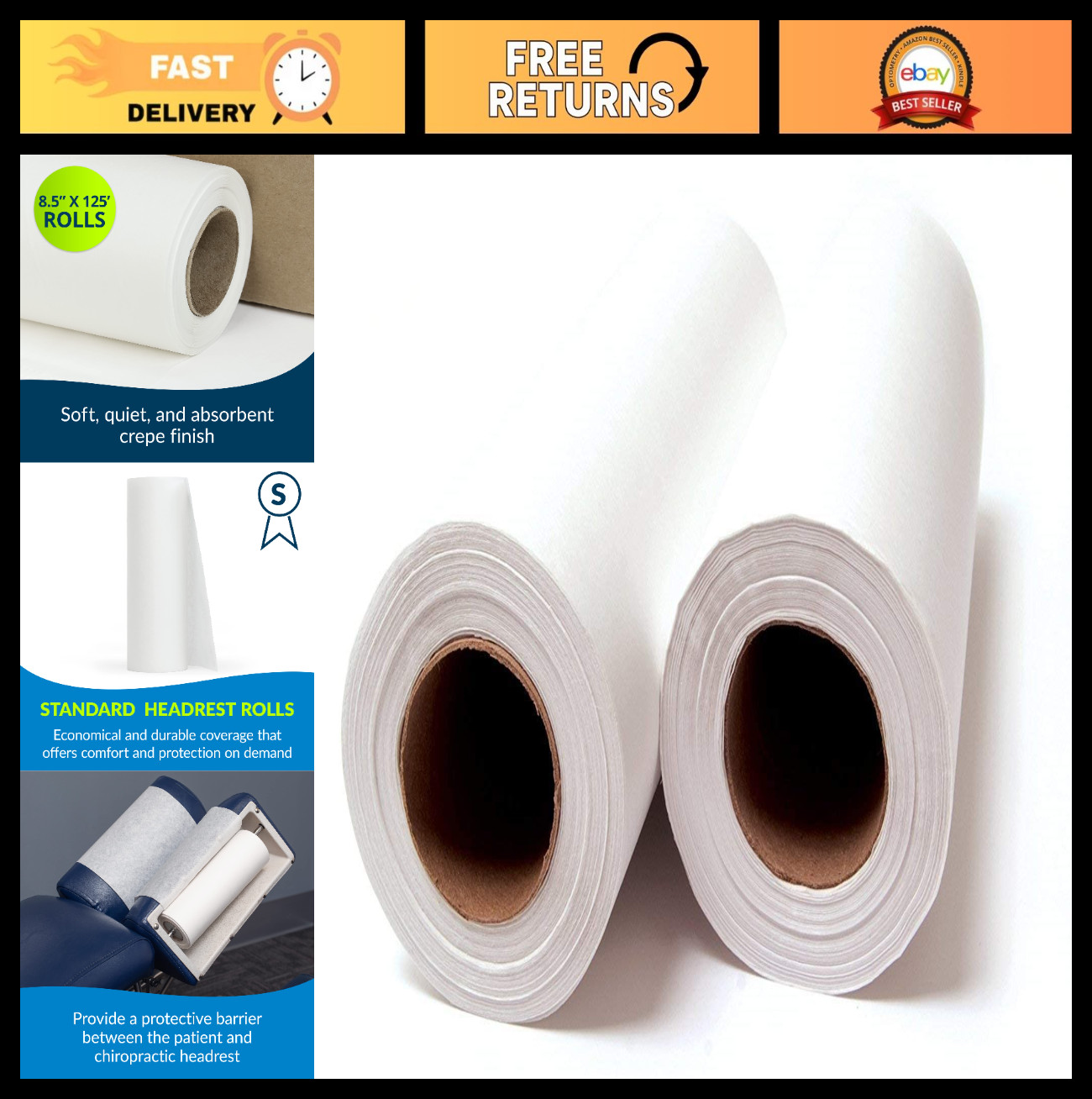 Single-Use Chiropractic Headrest Paper Roll, 8.5” x 125’, Pack of 25 – Hygienic
