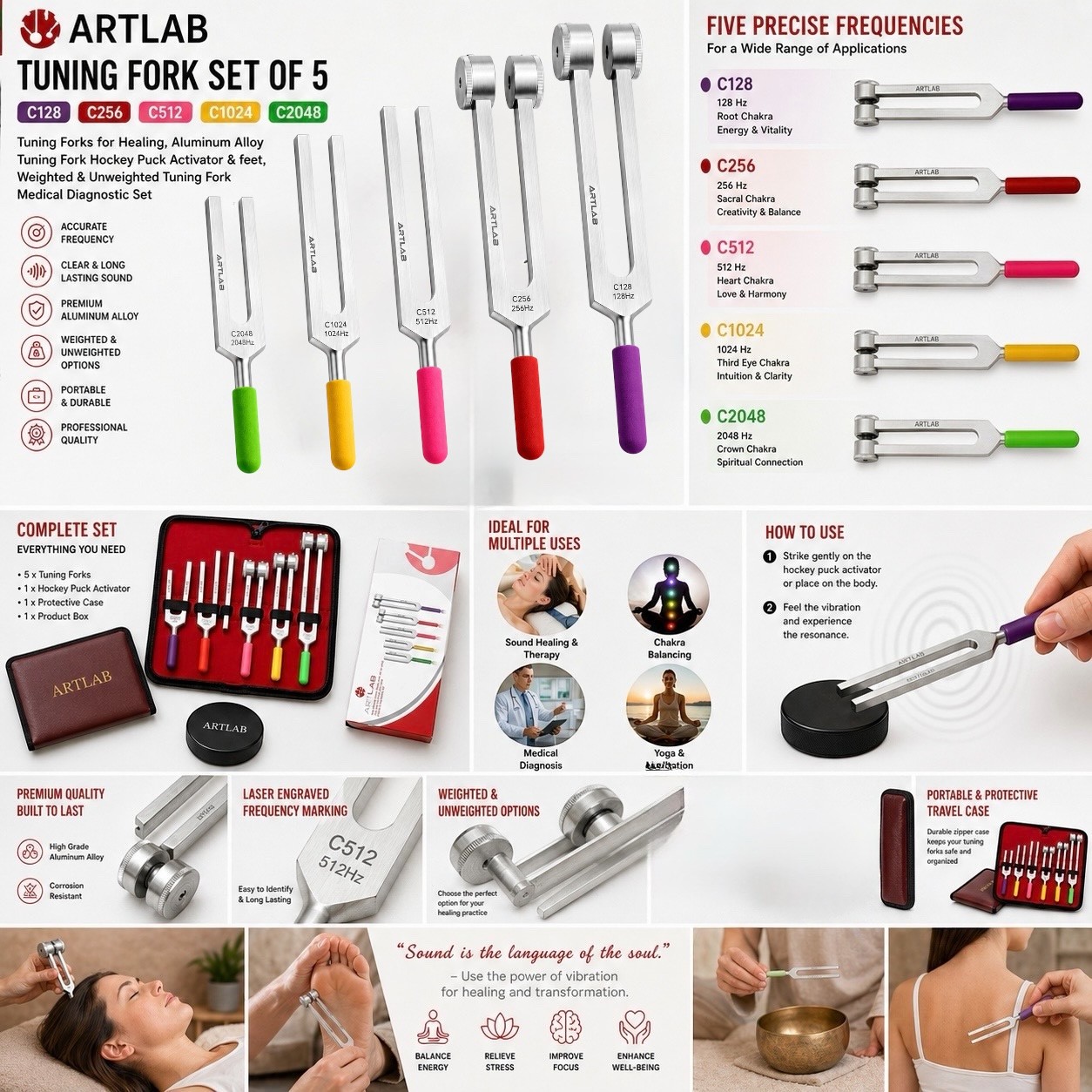 PREMIUM 6 Tuning Fork Set Medical Surgical Chiropractic Physical Diagnostic SET