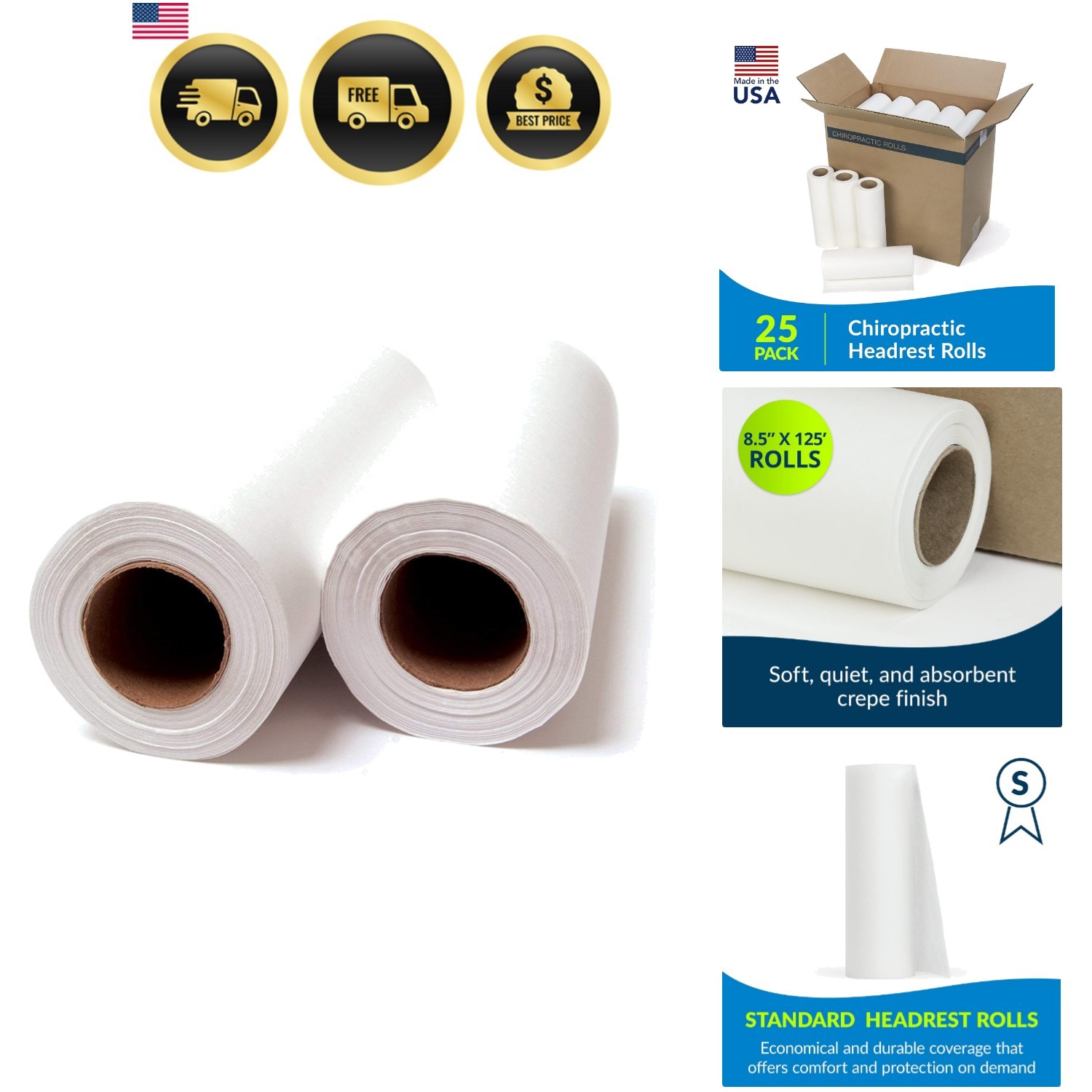 Avalon Single-Use Chiropractic Headrest Paper Roll, White, 8.5” x 125’ Pack o…