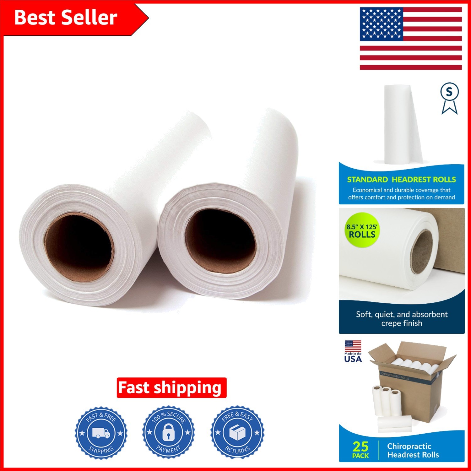 Pack of 25 Avalon Latex-Free Chiropractic Headrest Paper Rolls – 8.5″ x 125′
