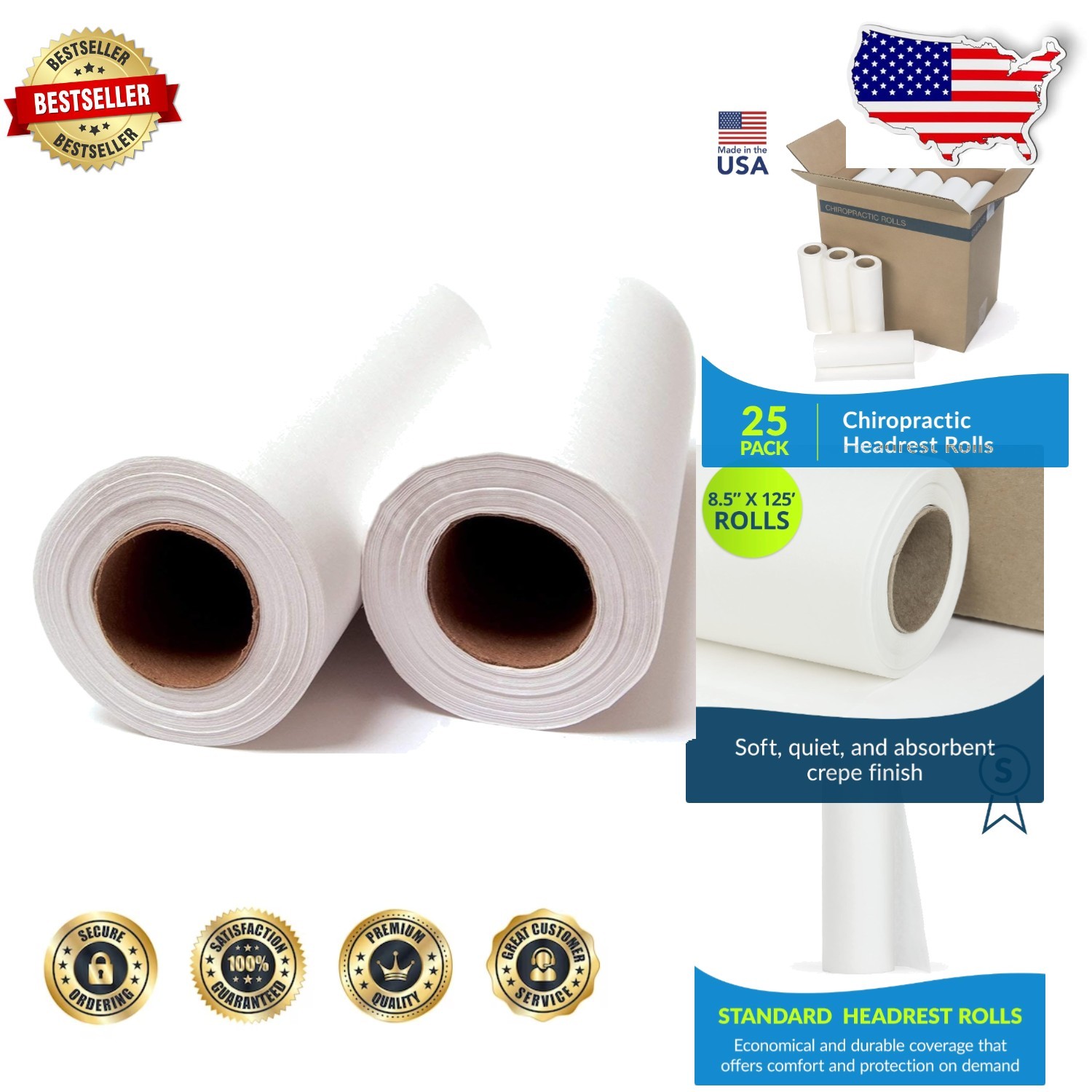 Avalon 25 Count 8.5″x125′ White Crepe Chiropractic Headrest Paper Made USA