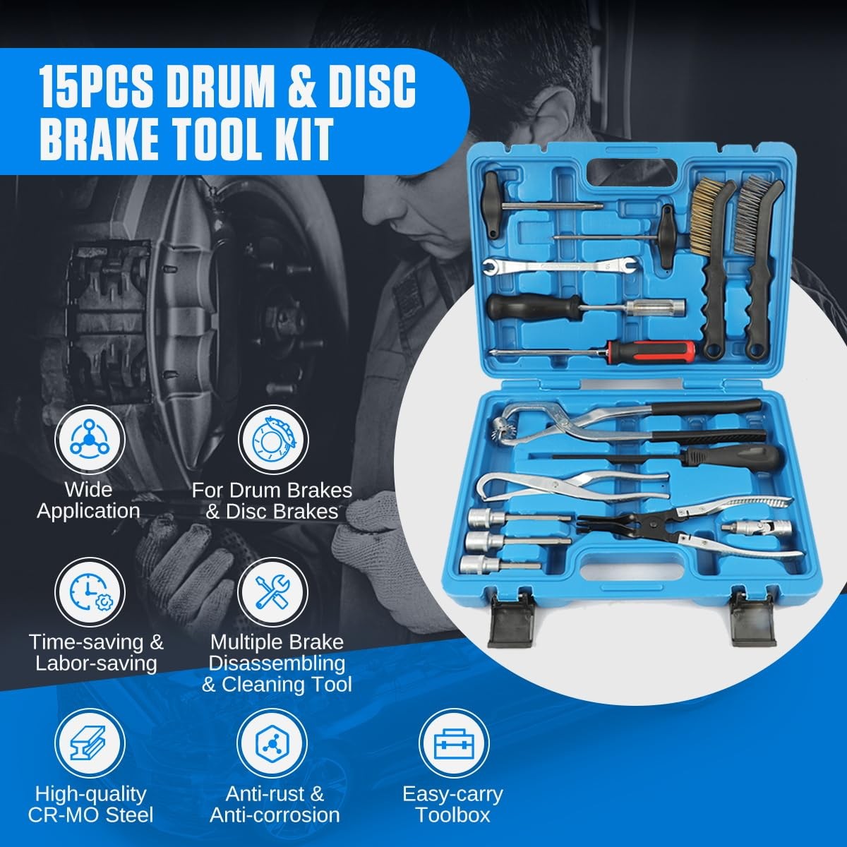 Kaisal Brake Tools 15Pc Drum Disc Brake Tool Kit Labor-Saving Drum Brake Spring