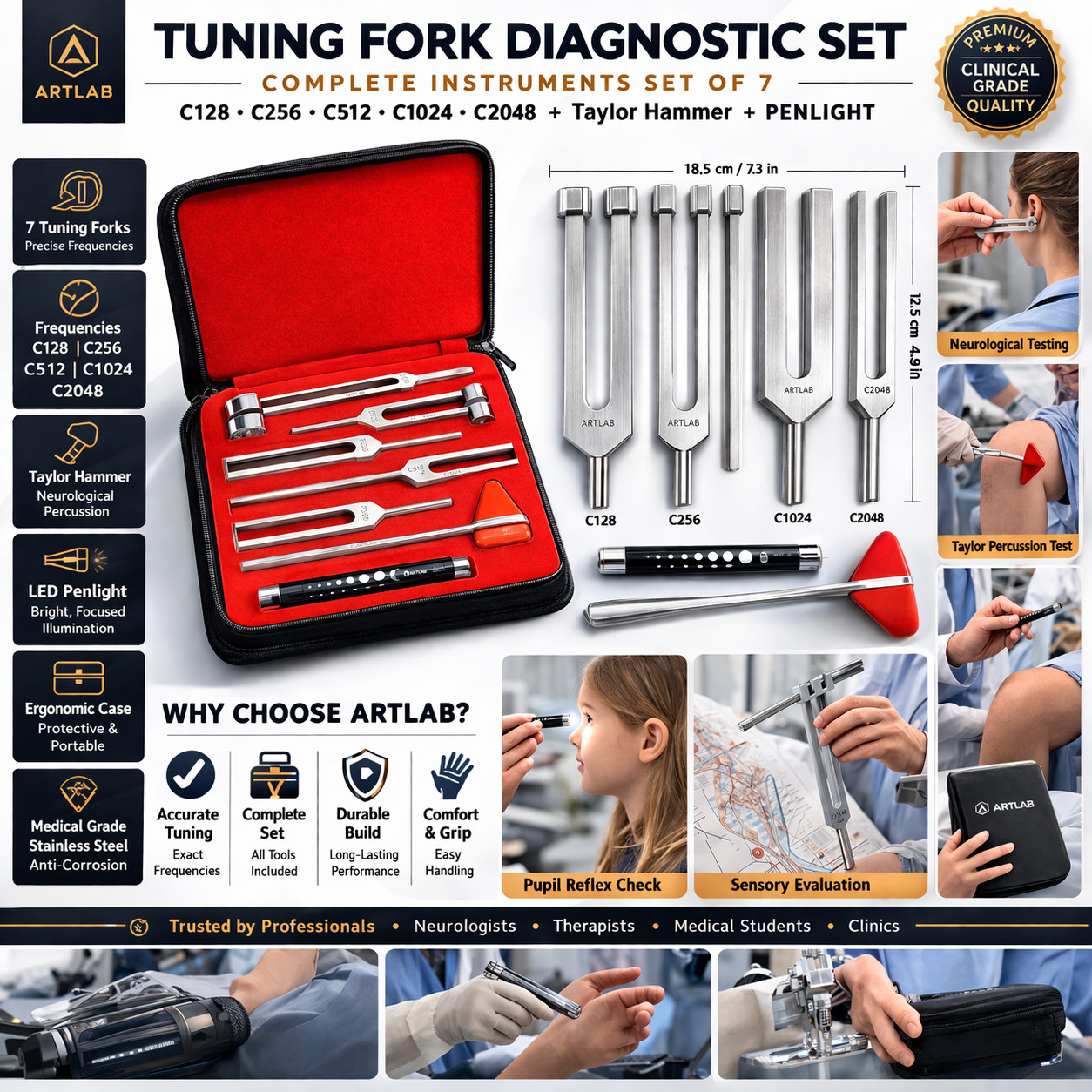 PREMIUM 6 Tuning Fork Set Medical Chiropractic Physical Diagnostic instruments