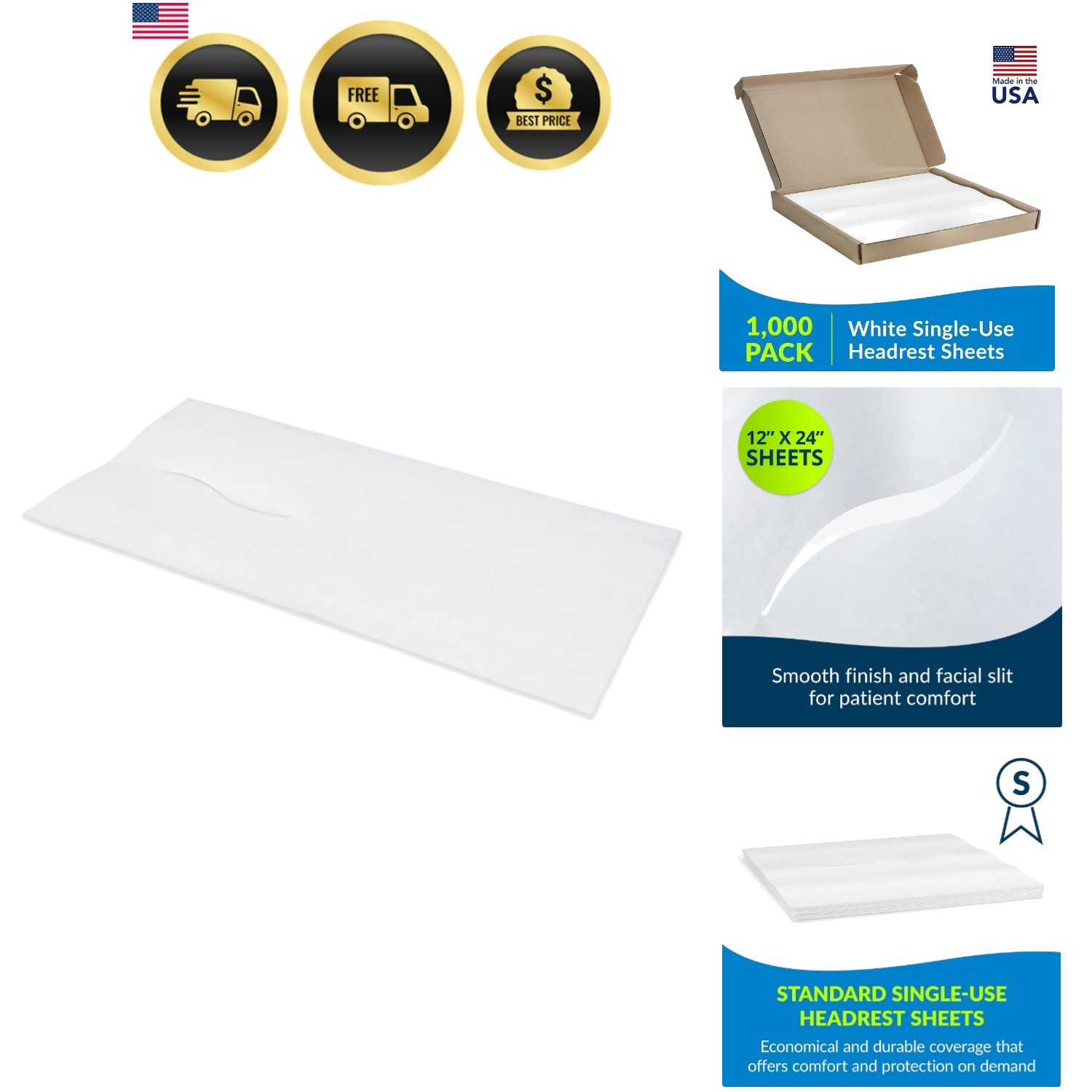 Avalon Single-Use Chiropractic Headrest Sheet w/Facial Slit, White, 12″ x 24″…