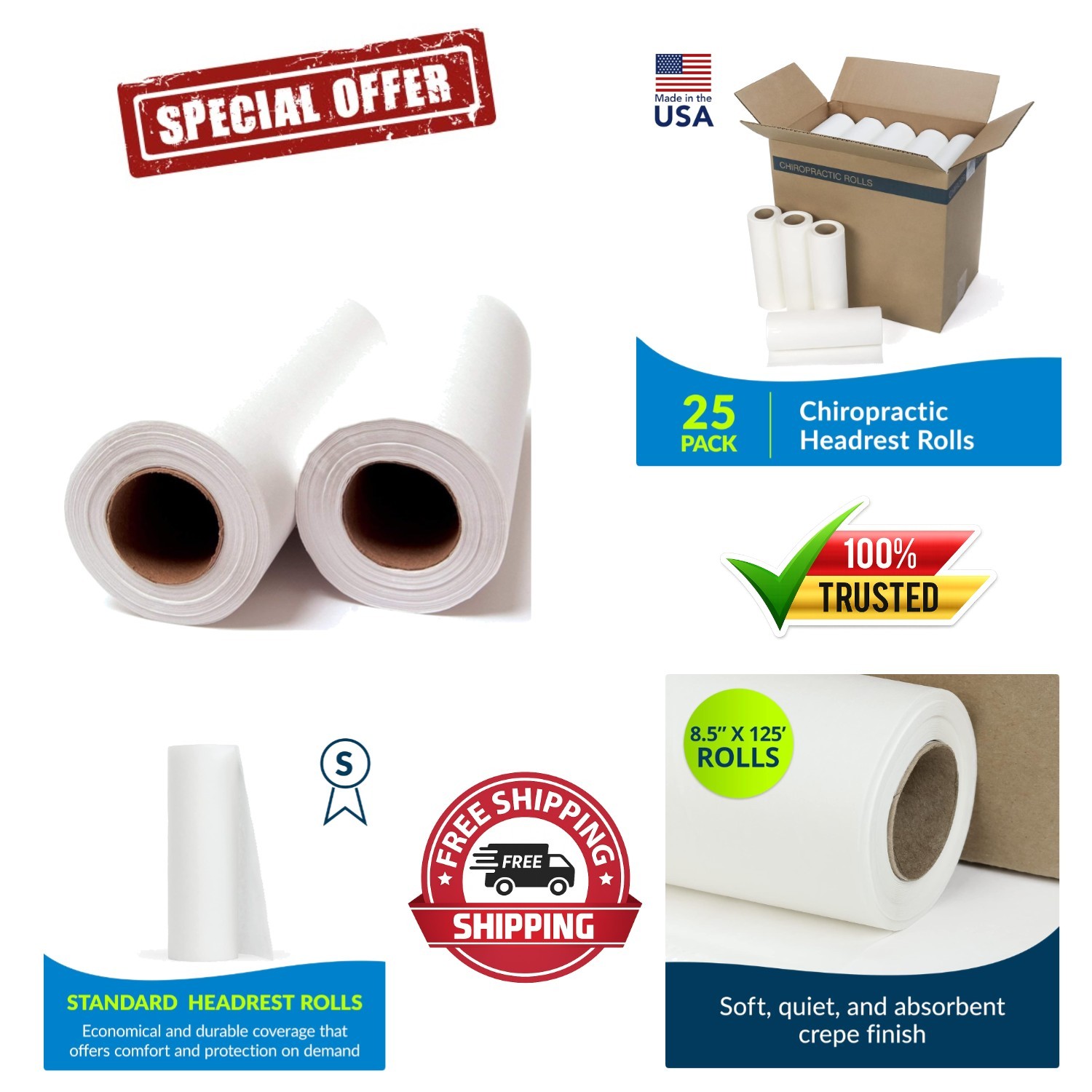 Avalon White Chiropractic Headrest Paper Roll, 25 Count – Hygiene Care